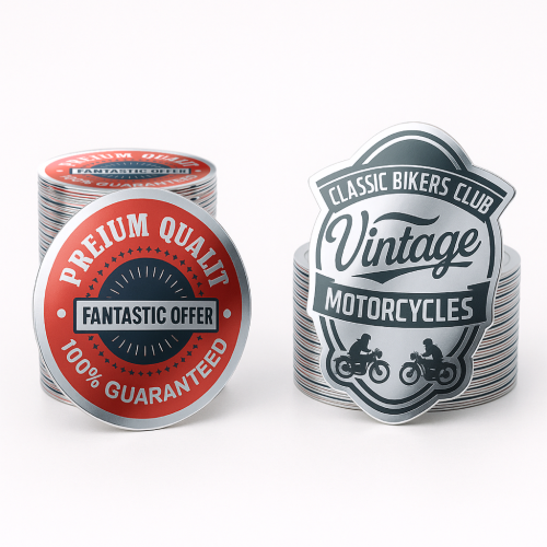 Custom Shape Decals for outdoor use Four colour process - .0015 Bright Silver Polyester / std adhesive