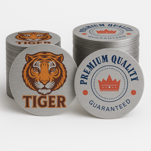 Custom Shape Decals for outdoor use Four colour process - .002 Brushed Aluminum Polyester / std adhesive