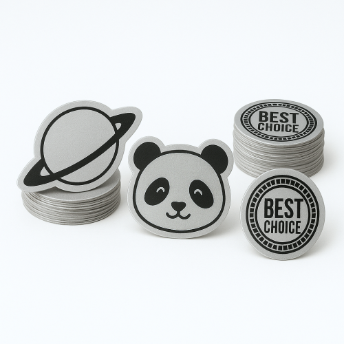 Custom Shape Decals Screen-printed - .002 Compucal Silver Matte Polyester / high performance adhesive