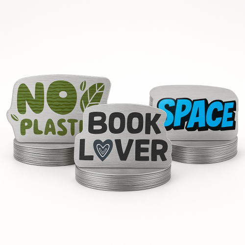 Custom Shape Decals for interior use Four colour process - .002 Brushed Aluminum Polyester / std adhesive