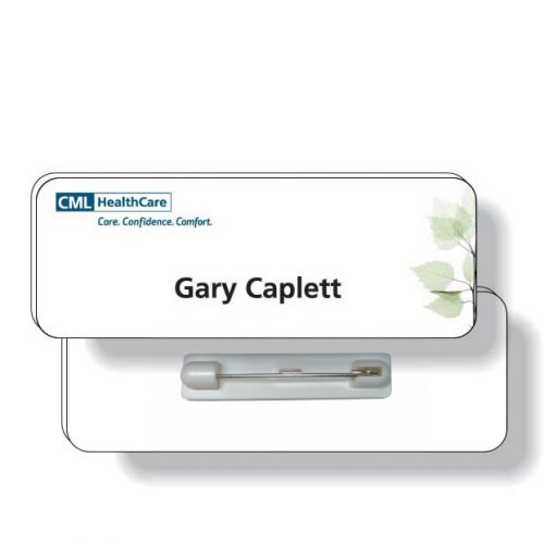 .060 White Plastic Badge with Safety Pin / rectangle (1" x 2.75") 4CP