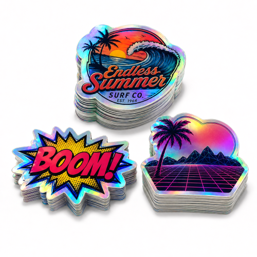 Custom Shape Decals for outdoor use Four colour process - .006 Holographic Rainbow / std adhesive