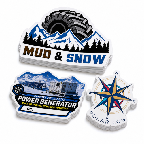 Custom Shape Decals for outdoor use Four colour process - .004 White Matte Vinyl / high performance adhesive for textured and difficult surfaces