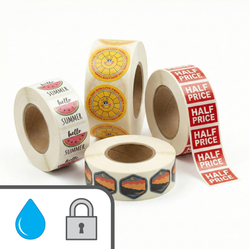 Étiquettes en rouleaux / Polypro Blanc Luisant Avec Adhésif Standard Impression Numérique Avec Lamination Lustrée