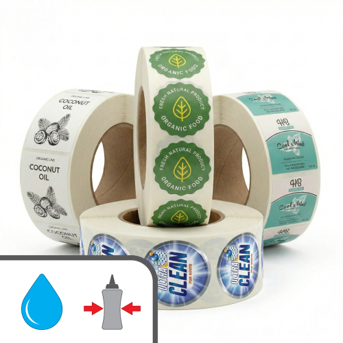 Étiquettes en rouleaux / Polypro Blanc Luisant Avec Adhésif Compressible Impression Numérique Avec Lamination Lustrée